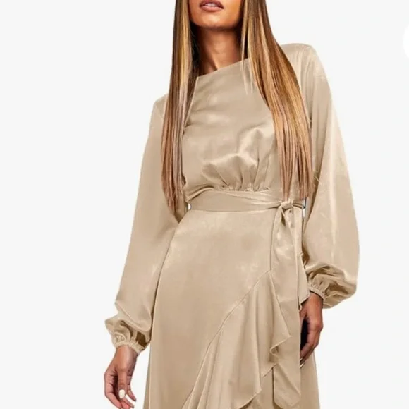 Blencot | Dresses | Blencot Womens Large Khaki Satin Ruffle Hem Split Midi  Dress Ls Wrap Front
